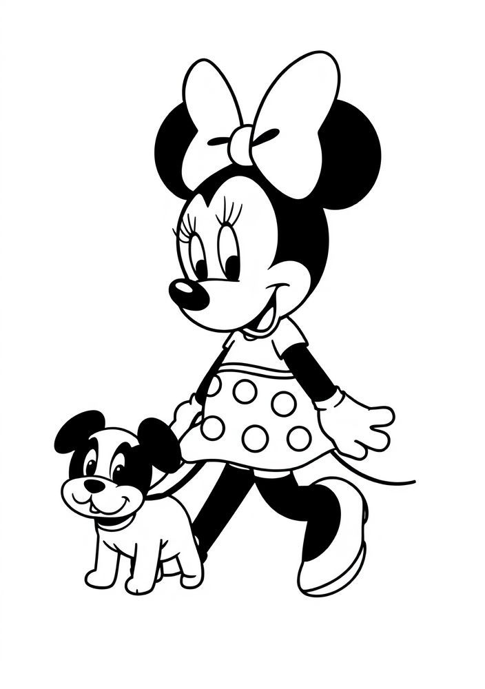 Desenho da Minnie caminhando com seu cachorro para colorir