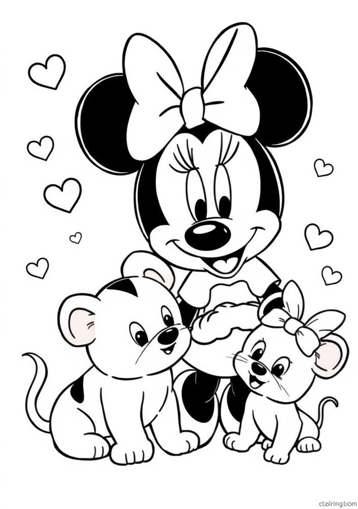 Desenho da Minnie com animais de estimação para colorir