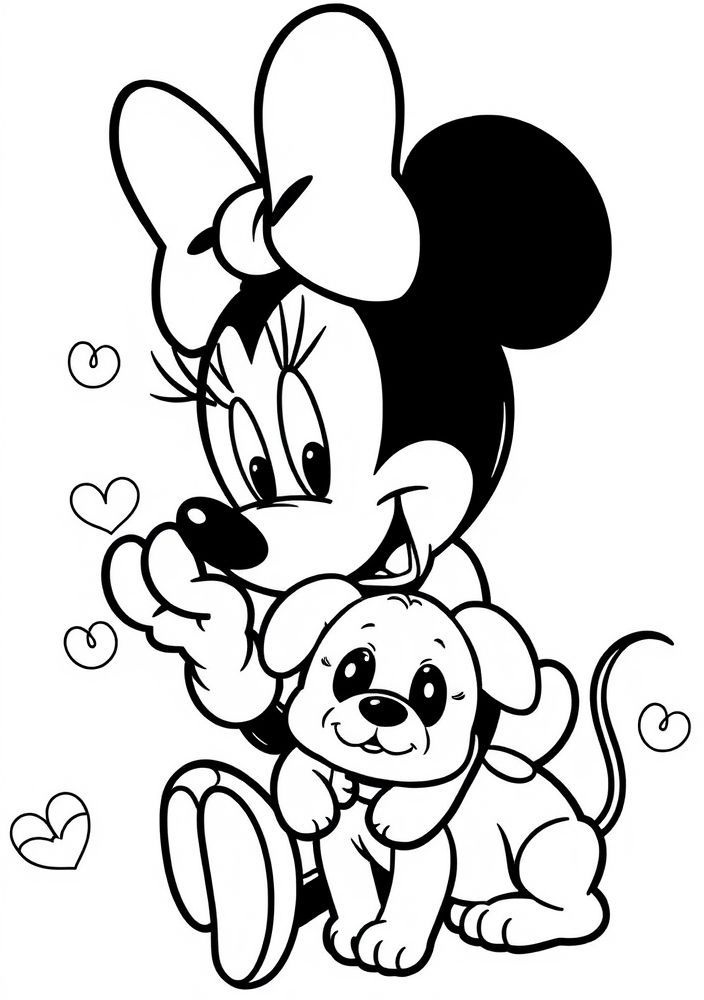Desenho da Minnie com seu cachorrinho para colorir