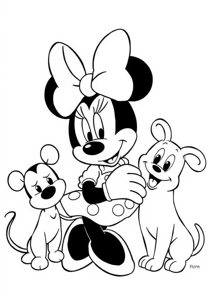 Desenho da Minnie com seus animais de estimação para colorir