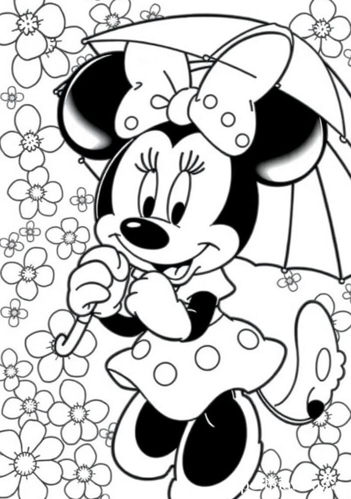 Desenho da Minnie com sombrinha para colorir