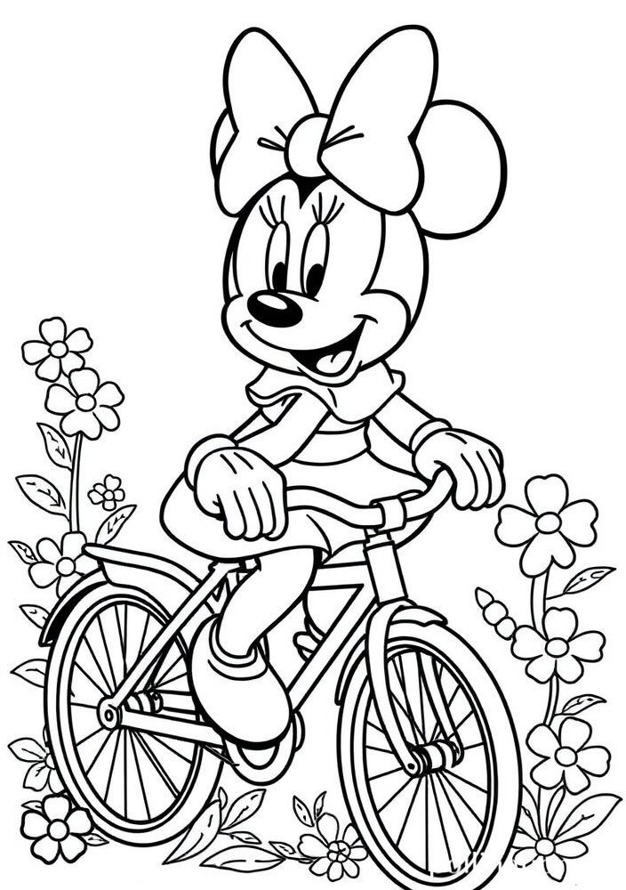 Desenho da Minnie com sua bicicleta para colorir