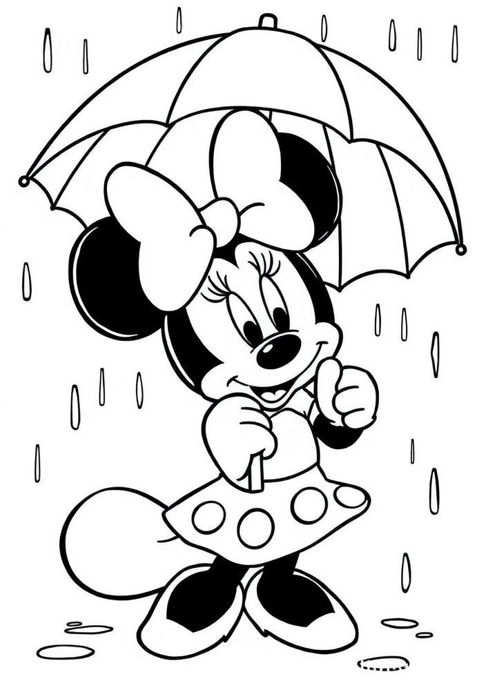 Desenho da Minnie com um guarda-chuva para colorir