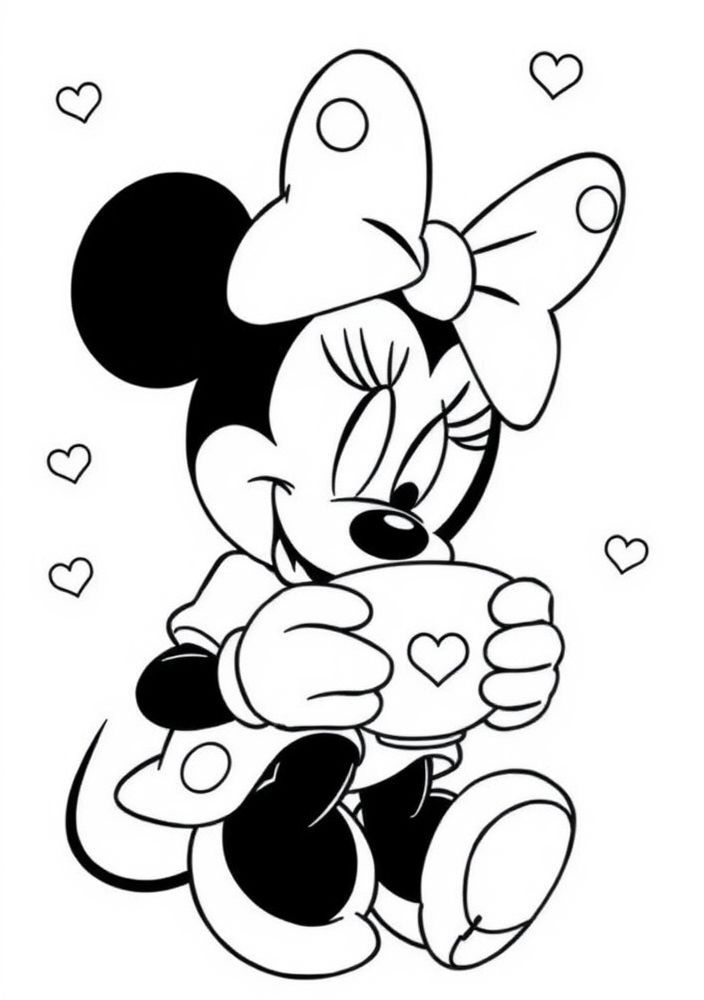 Desenho da Minnie com uma xícara de chá para colorir