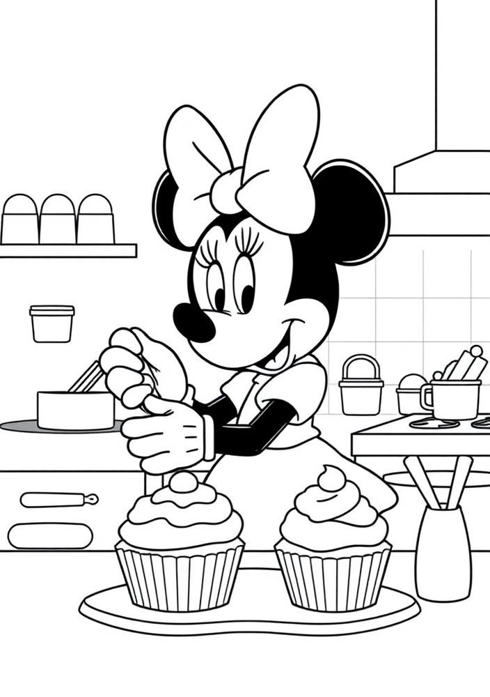 Desenho da Minnie cozinhando cupcakes para colorir