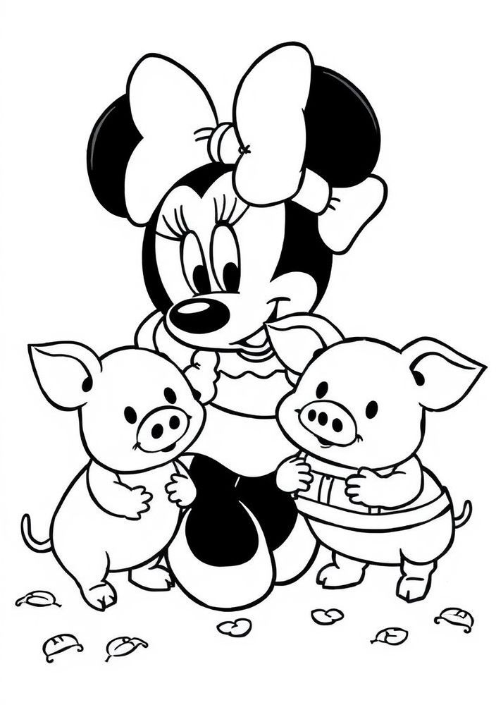 Desenho da Minnie e os 3 porquinhos para colorir