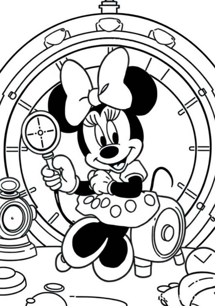 Desenho da Minnie em uma máquina do tempo para colorir