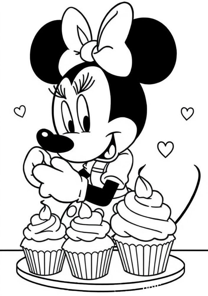Desenho da Minnie fazendo cupcakes para colorir