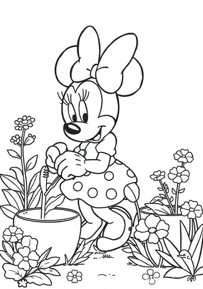 Desenho da Minnie fazendo jardinagem para colorir