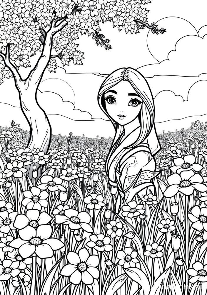Desenho da Mulan no campo de flores para colorir