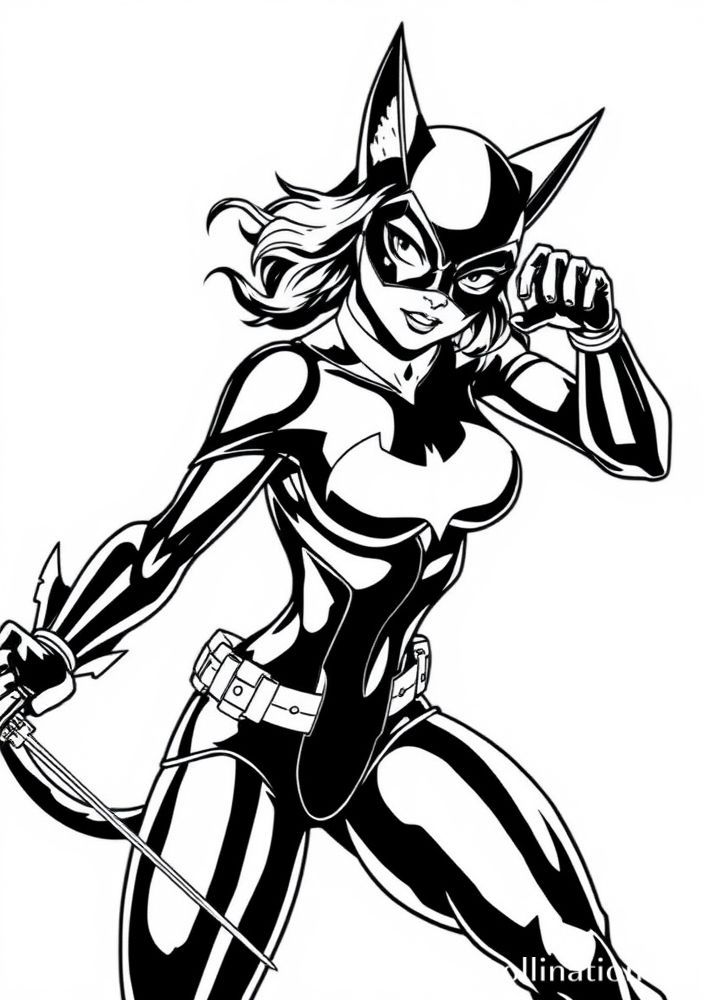 Desenho da Mulher-Gato em ação para colorir