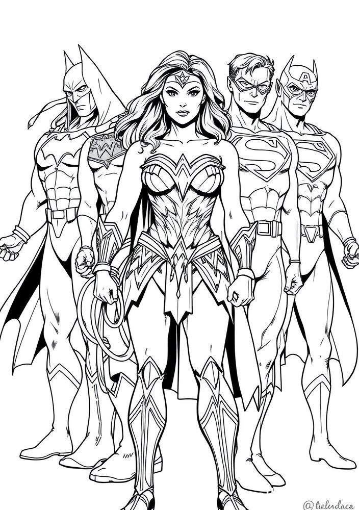 Desenho da Mulher Maravilha com a Liga da Justiça para colorir