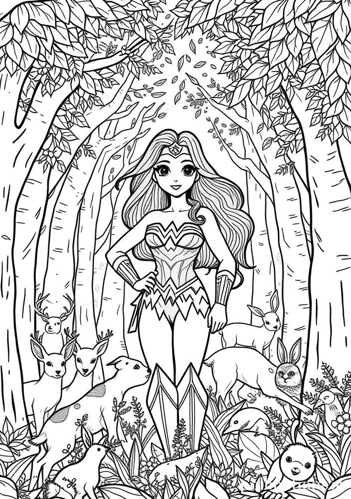 Desenho da Mulher Maravilha com animais da floresta para colorir