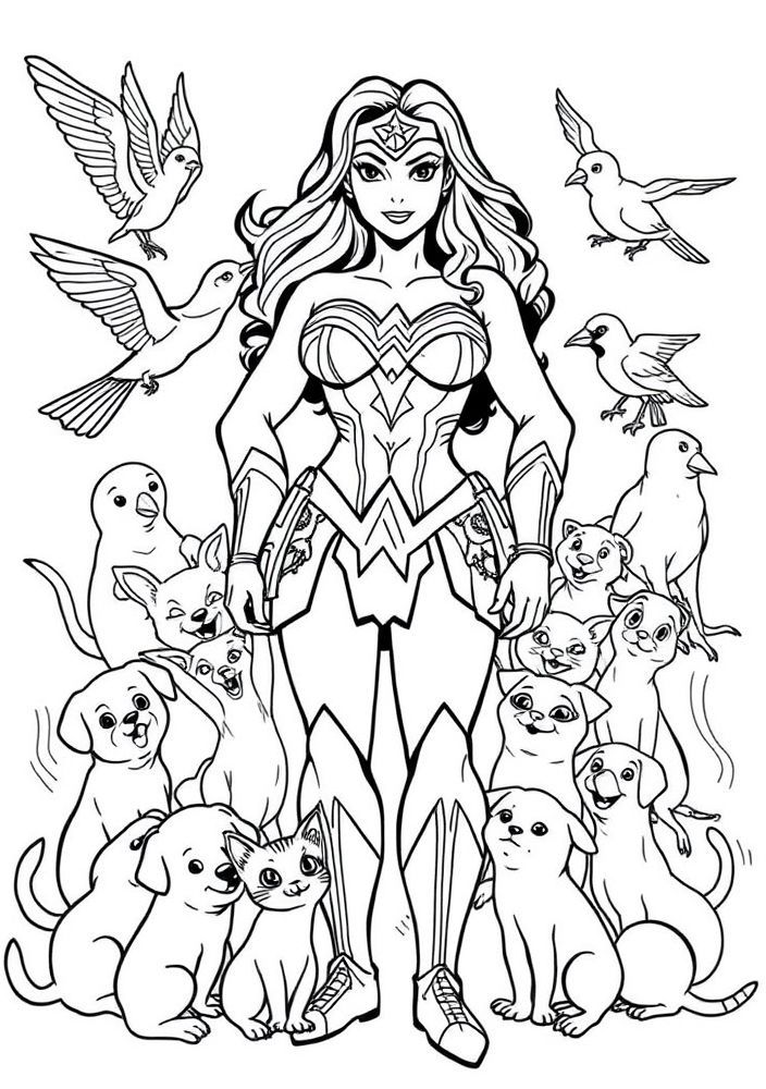 Desenho da Mulher Maravilha com animais para colorir