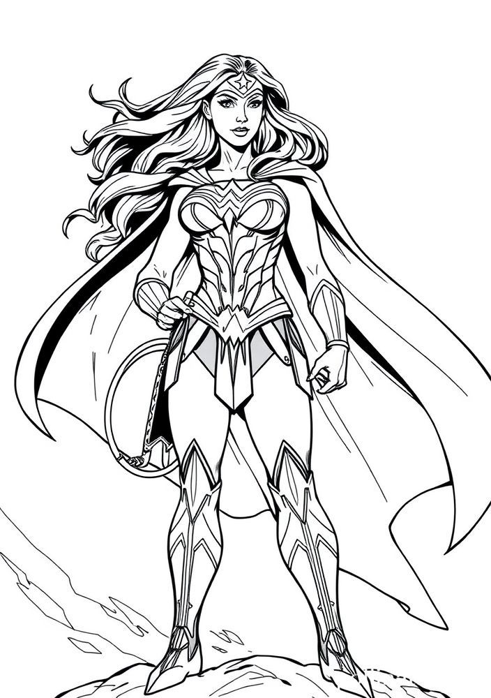 Desenho da Mulher Maravilha com capa esvoaçante para colorir