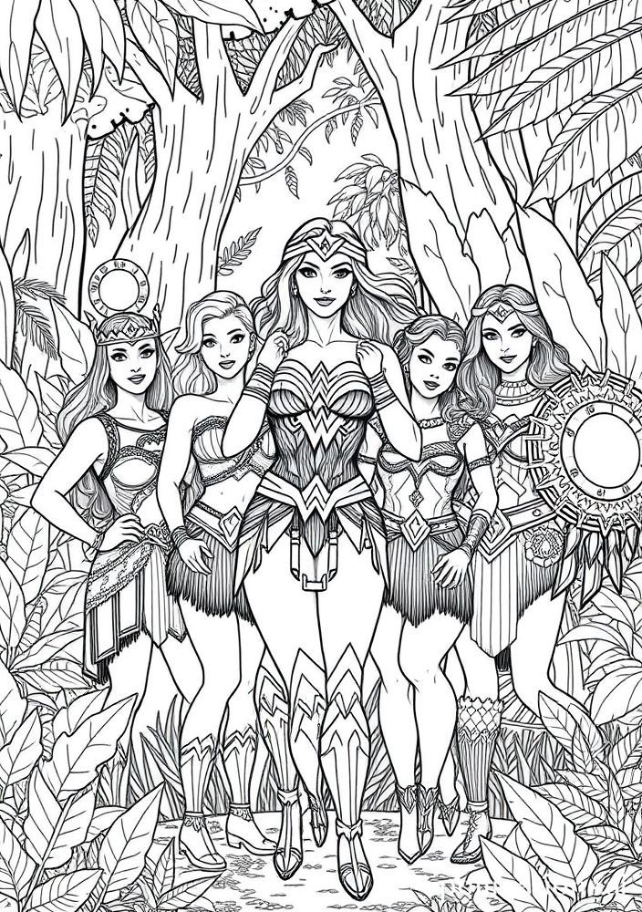 Desenho da Mulher Maravilha com suas amigas amazônicas para colorir