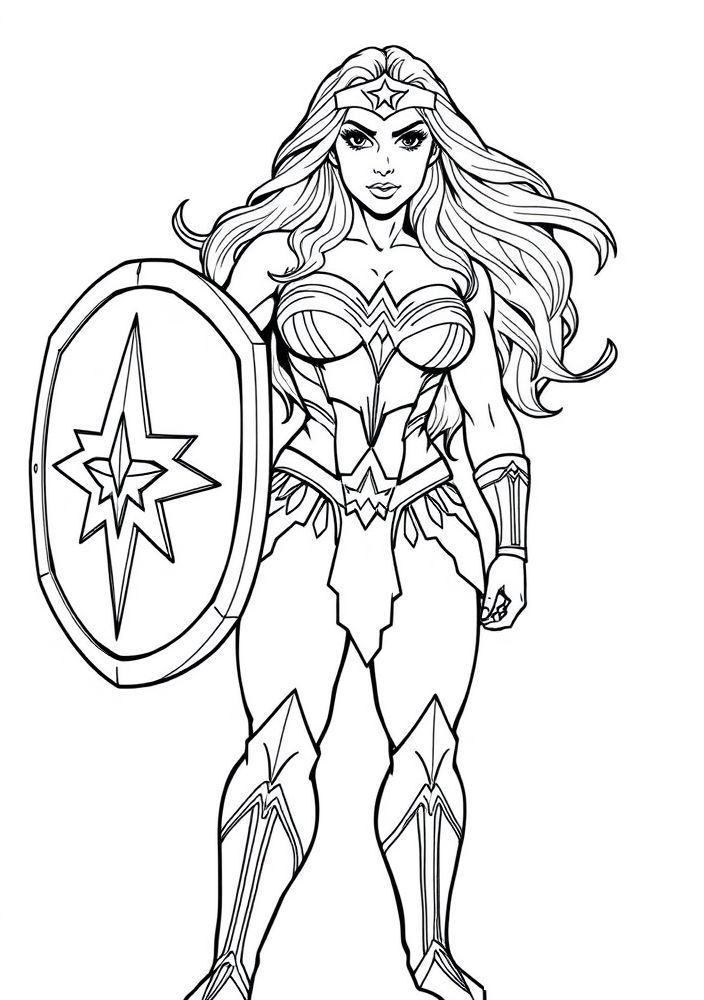 Desenho da Mulher Maravilha com um escudo para colorir
