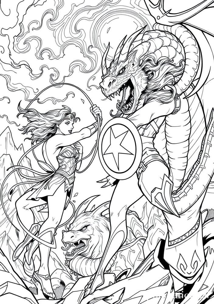 Desenho da Mulher Maravilha e um dragão para colorir