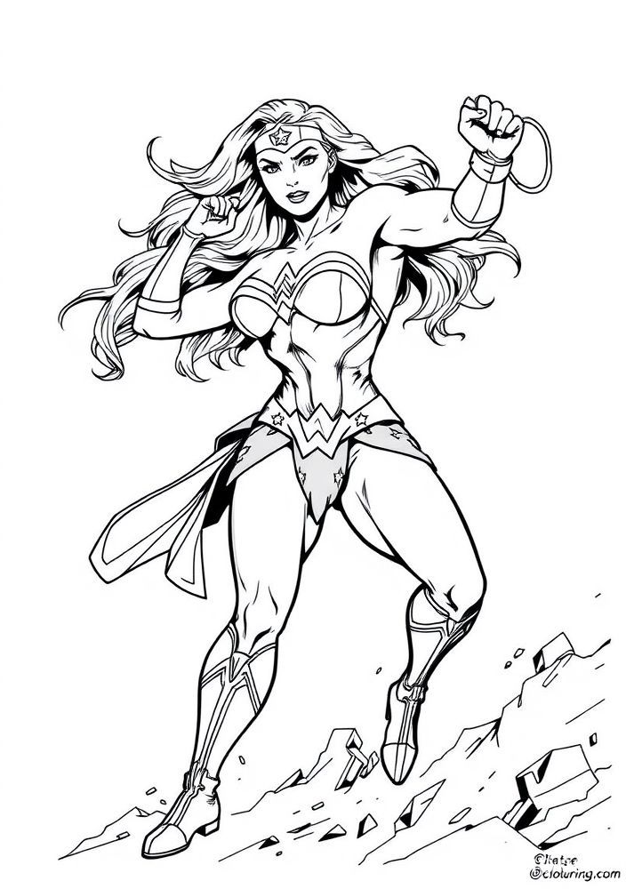 Desenho da Mulher Maravilha em ação para colorir