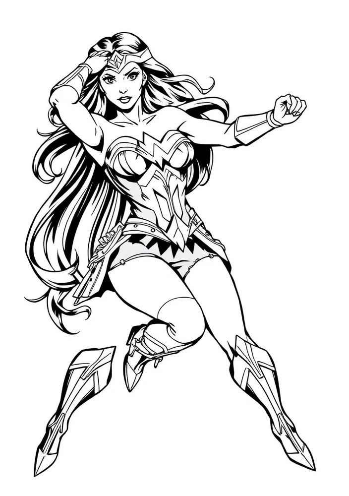 Desenho da Mulher Maravilha em ação para colorir