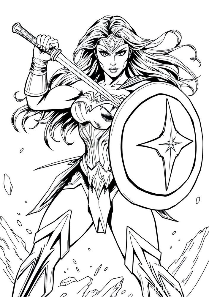 Desenho da Mulher Maravilha em combate para colorir