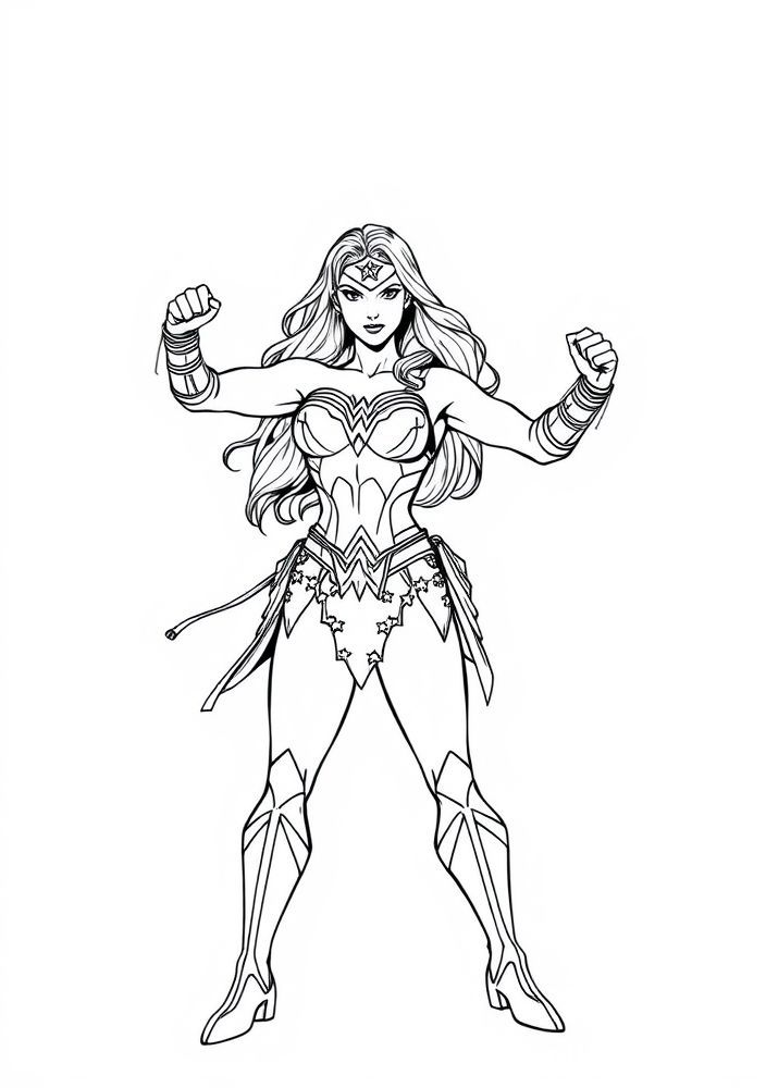 Desenho da Mulher Maravilha em pose de luta para colorir