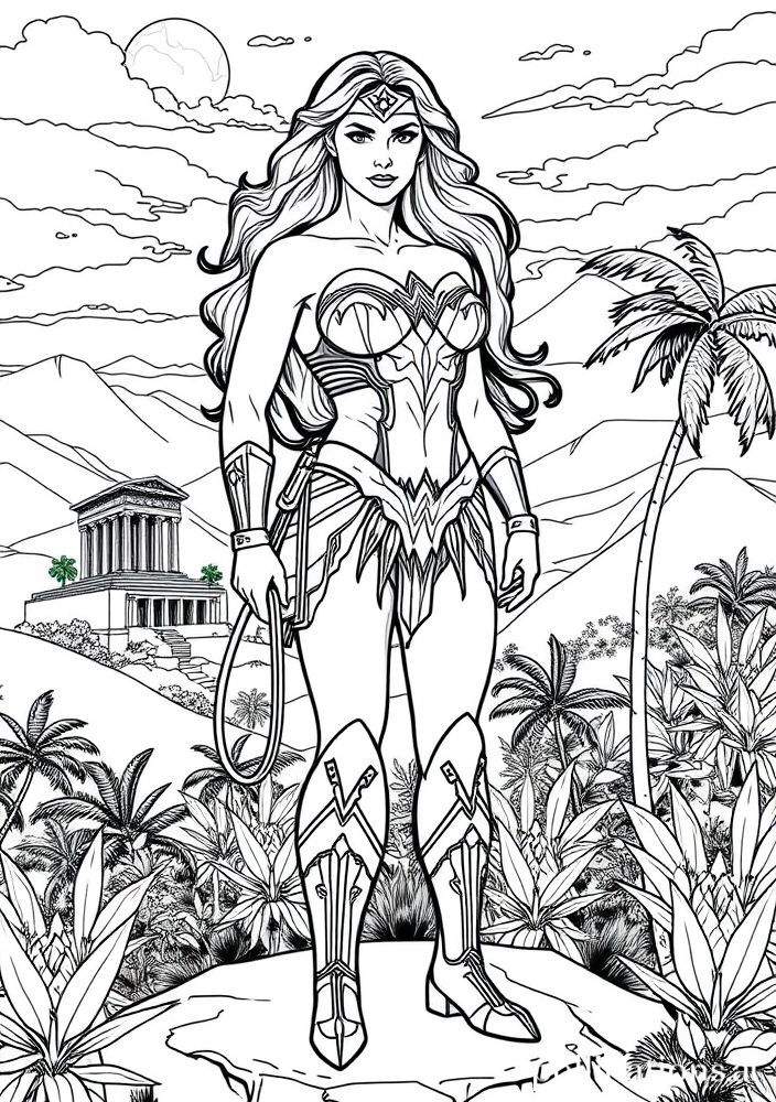 Desenho da Mulher Maravilha em sua ilha para colorir