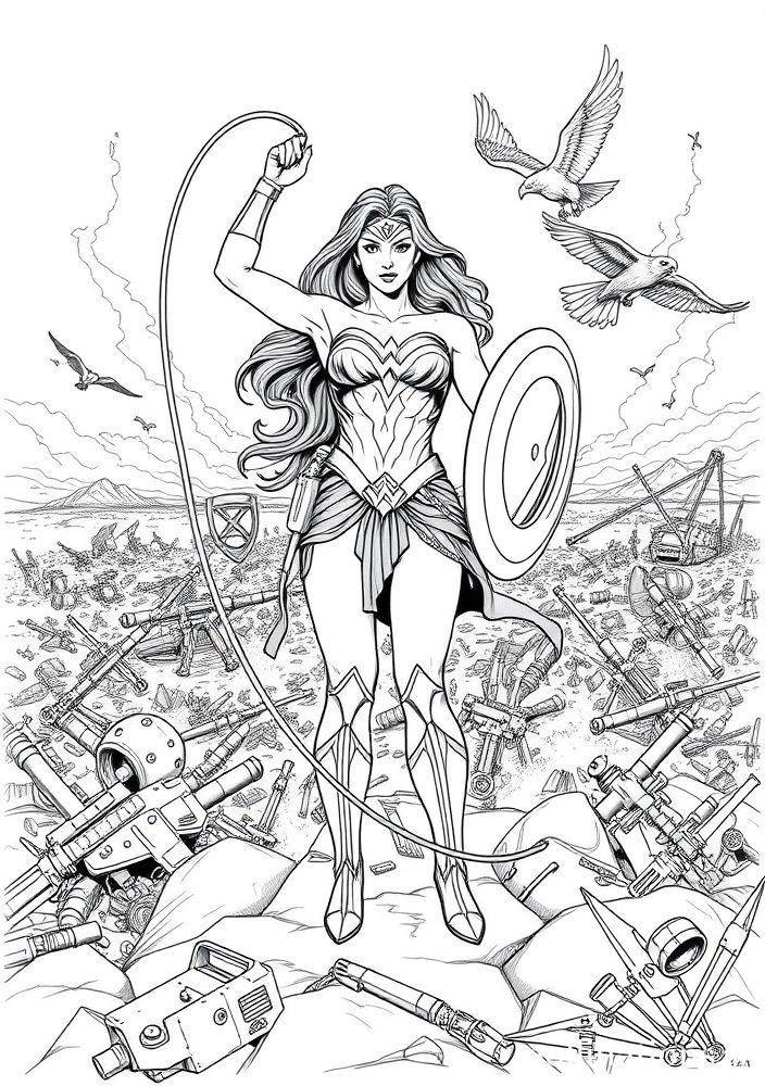 Desenho da Mulher Maravilha em um campo de batalha para colorir