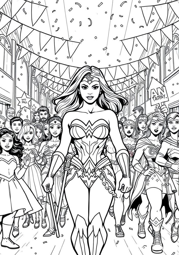 Desenho da Mulher Maravilha em um desfile de heróis para colorir