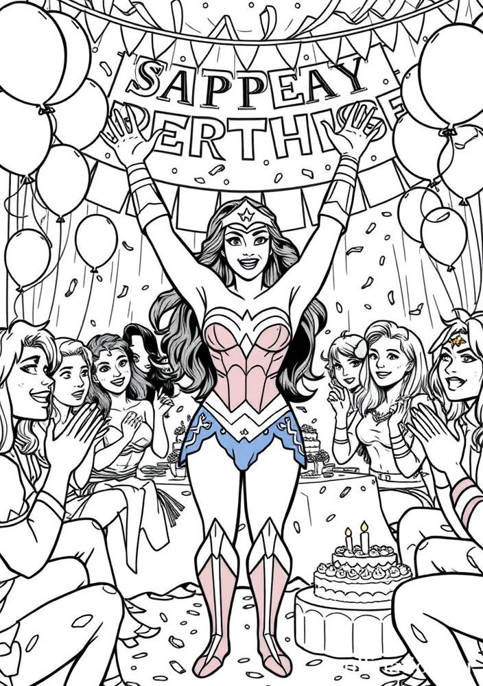 Desenho da Mulher Maravilha em uma festa surpresa para colorir