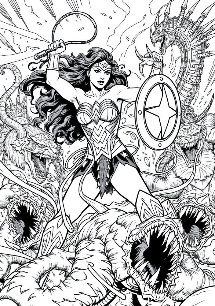 Desenho da Mulher Maravilha enfrentando monstros mitológicos para colorir