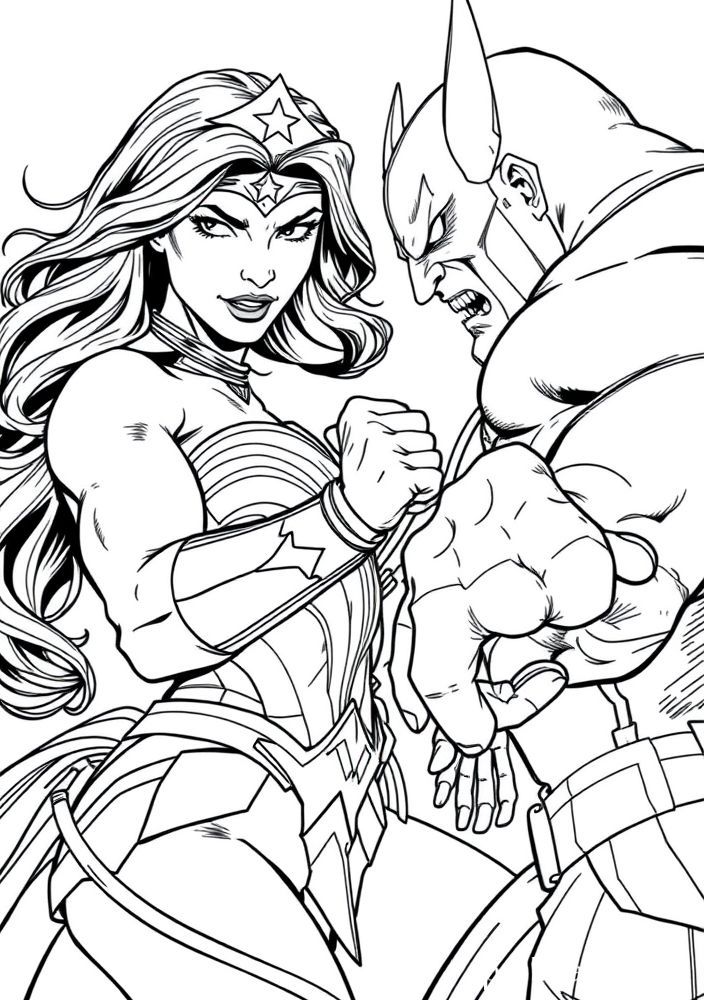 Desenho da Mulher Maravilha enfrentando um vilão para colorir