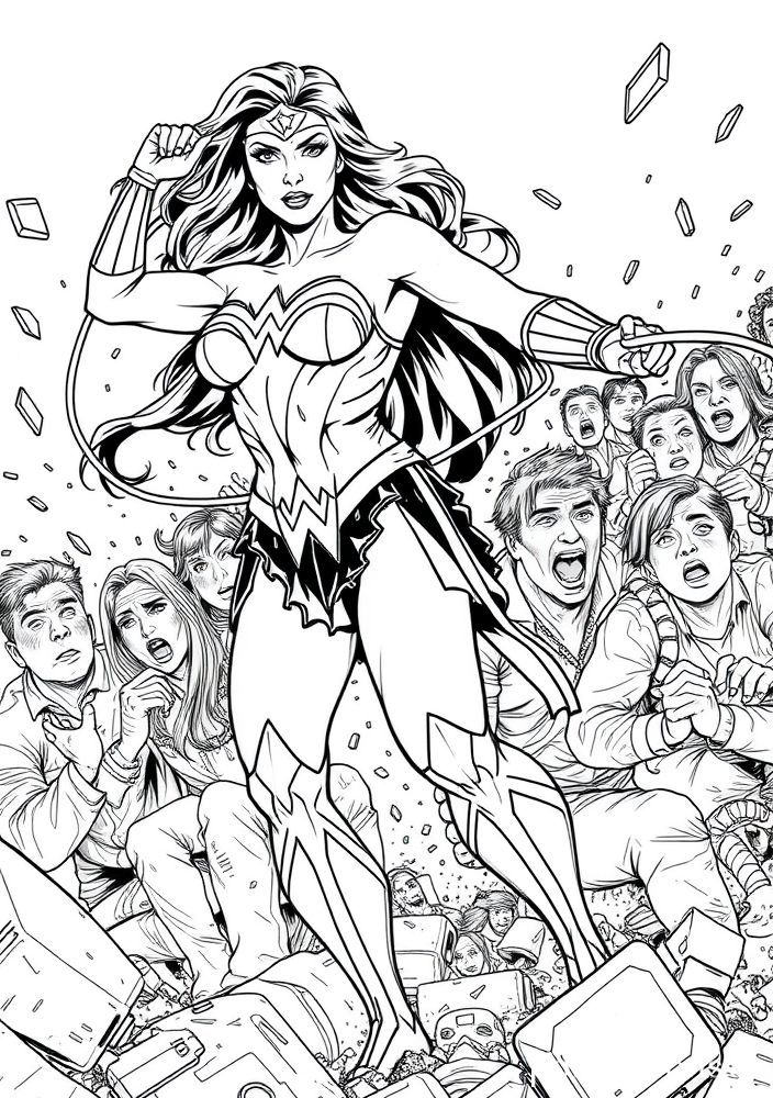 Desenho da Mulher Maravilha salvando pessoas para colorir