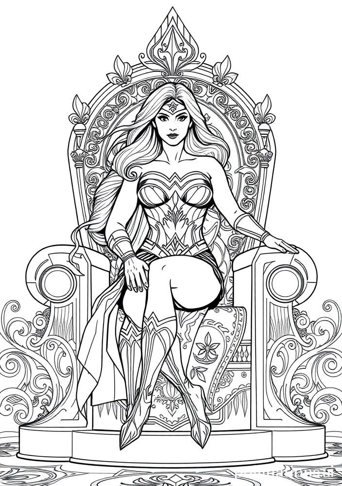 Desenho da Mulher Maravilha sentada em um trono para colorir