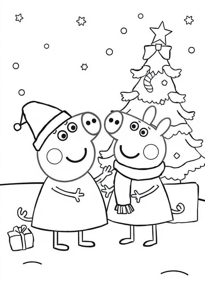 Desenho da Peppa Pig e George no Natal para colorir