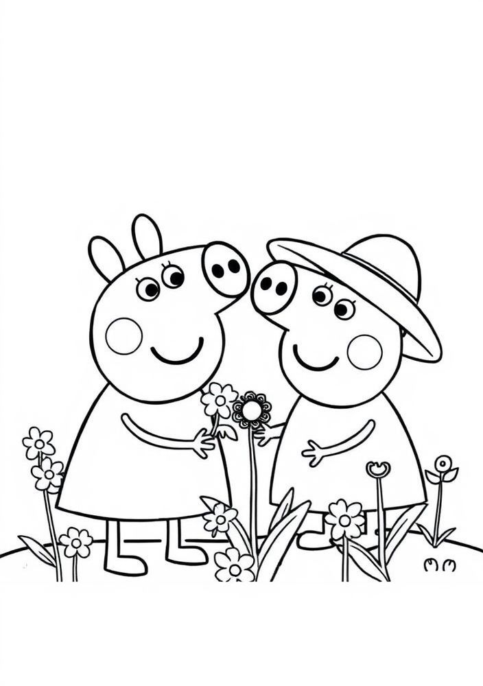 Desenho da Peppa Pig e George plantando flores para colorir