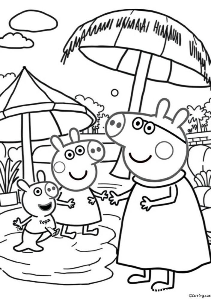 Desenho da Peppa Pig e amigos no parque aquático para colorir