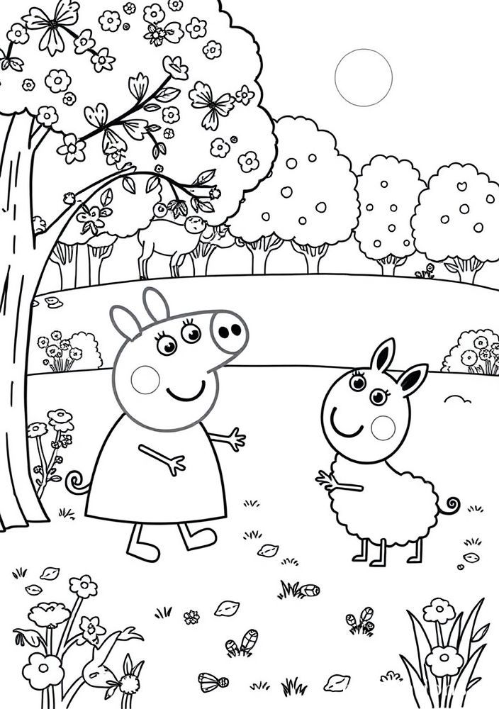 Desenho da Peppa Pig e da Suzy Ovelha brincando no parque para colorir
