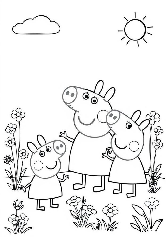 Desenho da Peppa Pig e seus amigos na primavera para colorir
