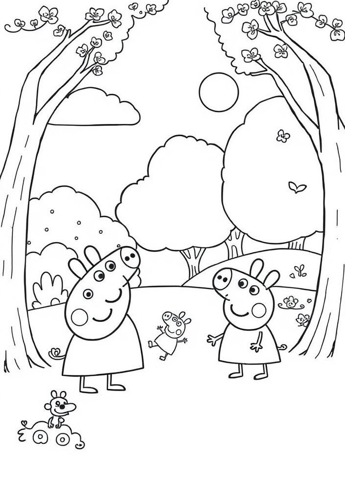 Desenho da Peppa Pig e seus amigos no parque para colorir