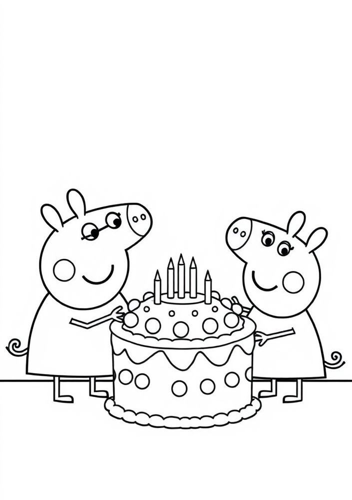 Desenho da Peppa Pig e sua família fazendo um bolo para colorir