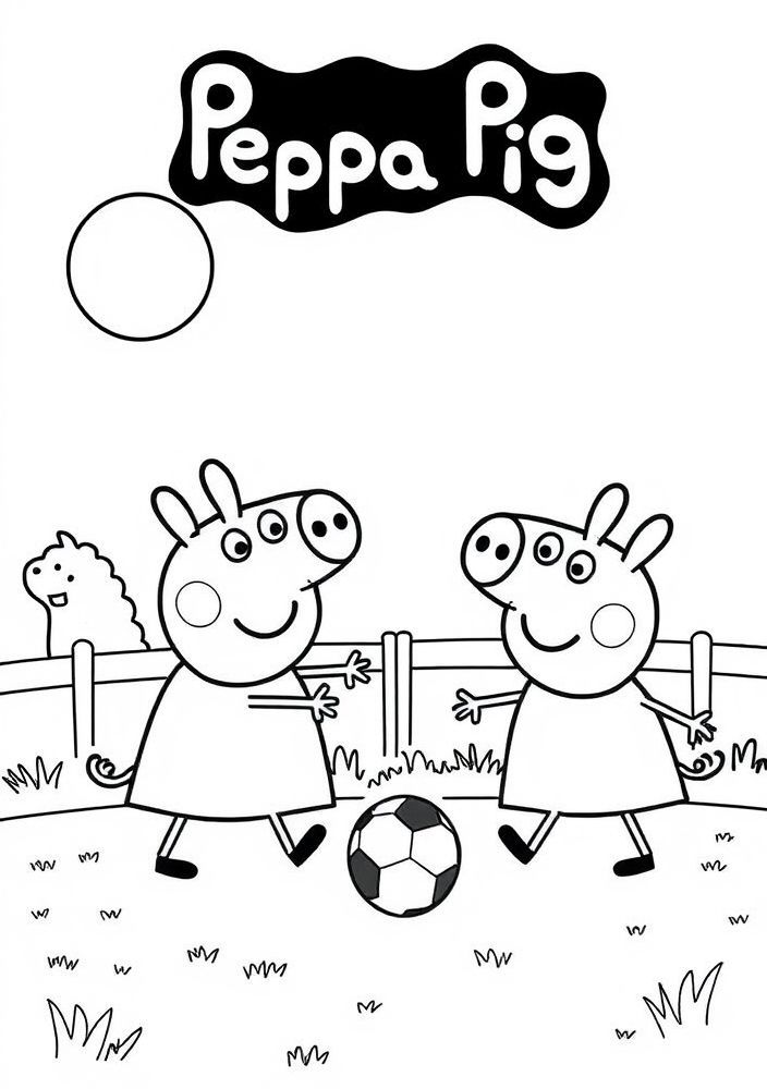 Desenho da Peppa Pig jogando futebol com os amigos para colorir