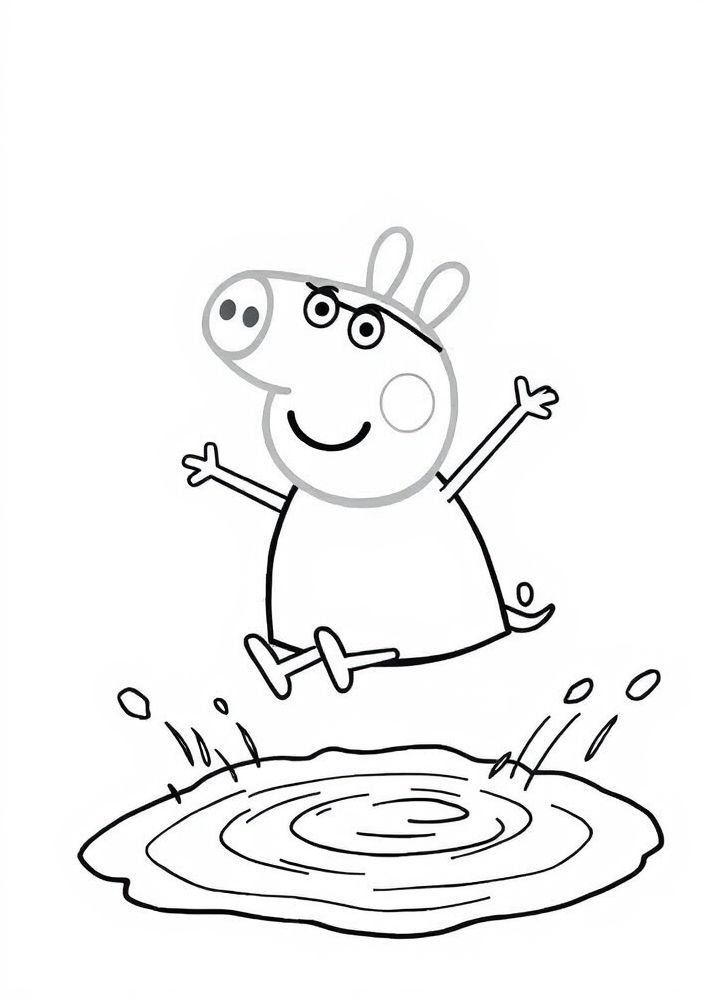 Desenho da Peppa Pig pulando em poça de lama para colorir