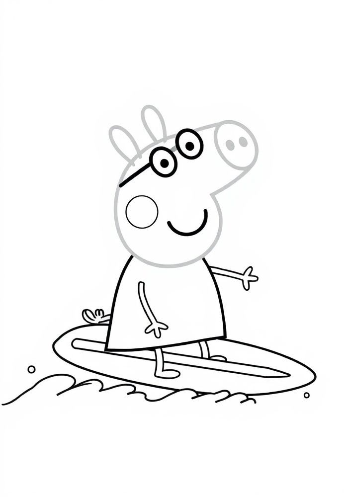 Desenho da Peppa Pig surfando na praia para colorir