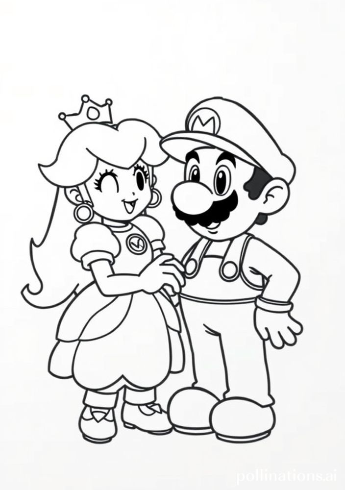Desenho da Princesa Peach com Mario para colorir