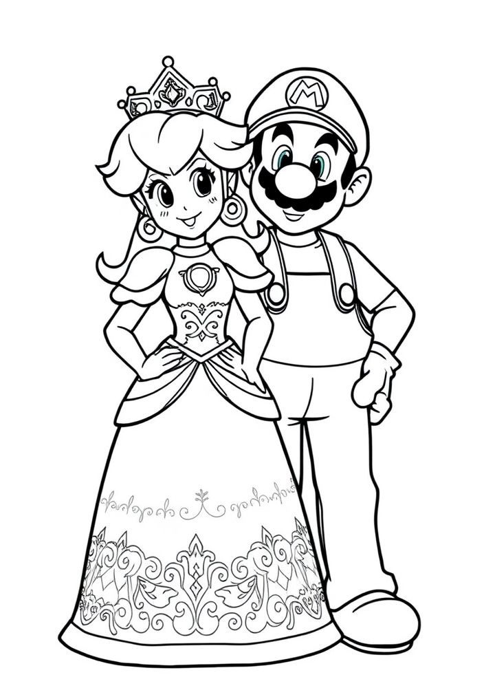 Desenho da Princesa Peach com o Mario para colorir