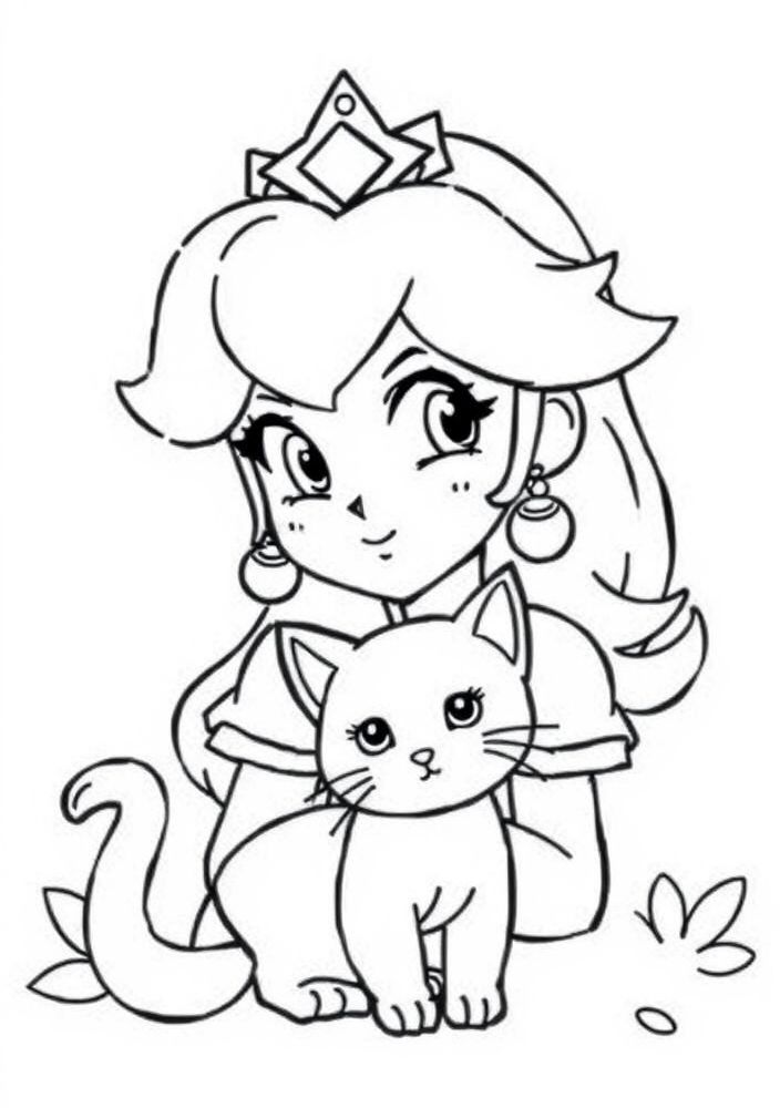 Desenho da Princesa Peach com um gato fofo para colorir