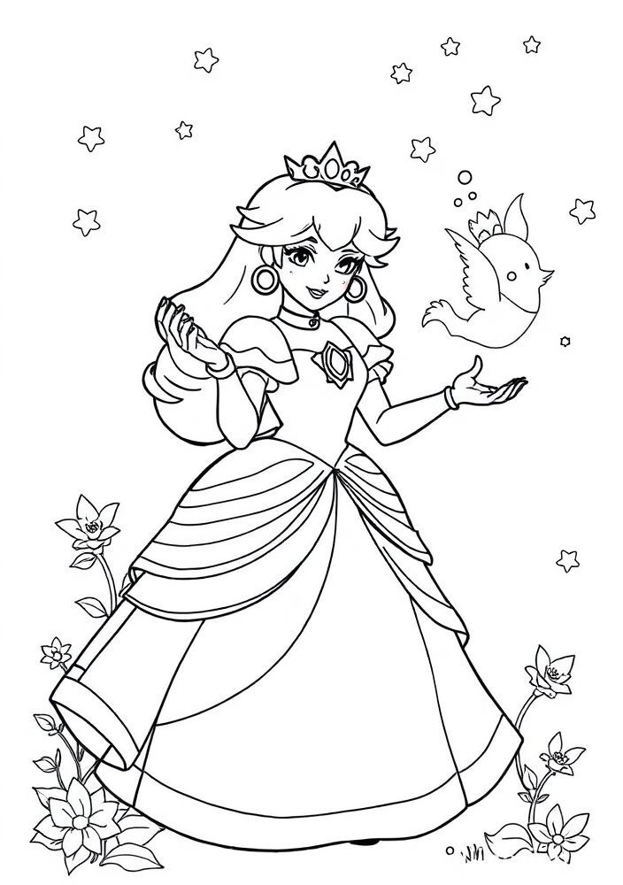 Desenho da Princesa Peach com uma magia para colorir