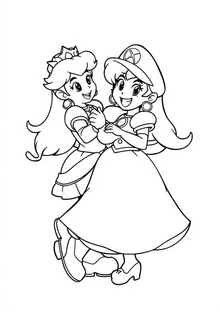 Desenho da Princesa Peach dançando com Luigi para colorir