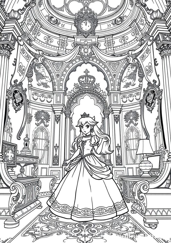 Desenho da Princesa Peach em seu castelo para colorir